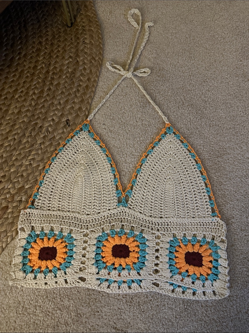 Crochet Halter Bralette Top in Cream with Teal & Orange